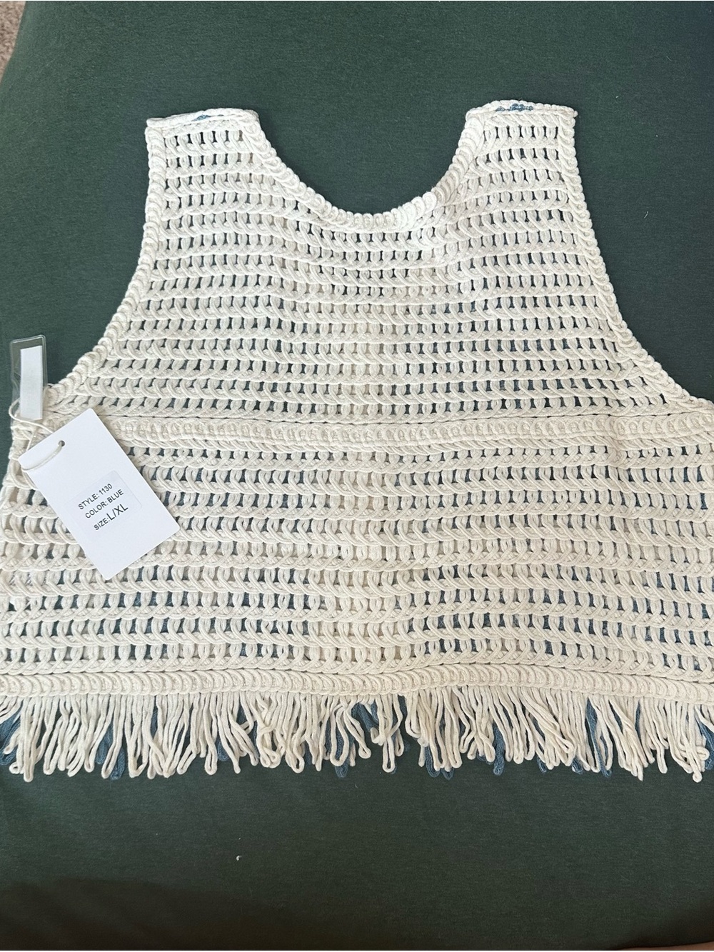 MAYVAS Crochet Fringe Vest in Cream/Blue Sz L/XL NWT - Picture 5 of 5